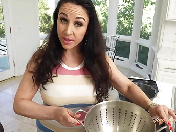Step-Aunt-in-law Jewell Marceau and busty milf step-mom Mischievous Home cooks up a escapist POV