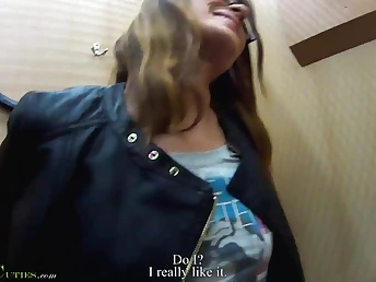 Nasty mall bachelor girl shyly wanks in public with a super-naughty first-timer
